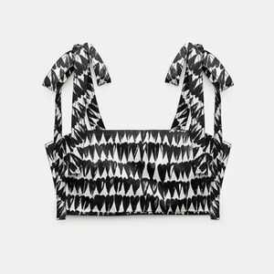 ZARA Black and White Printed Crop Top with Tie Straps - ZW Collection